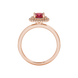 Red cushion cut gemstone double halo ring in rose gold