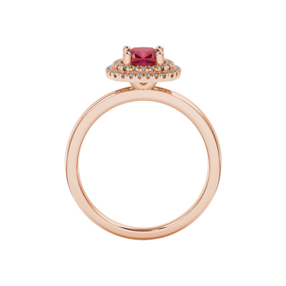 raspberry red gemstone double halo ring in rose gold