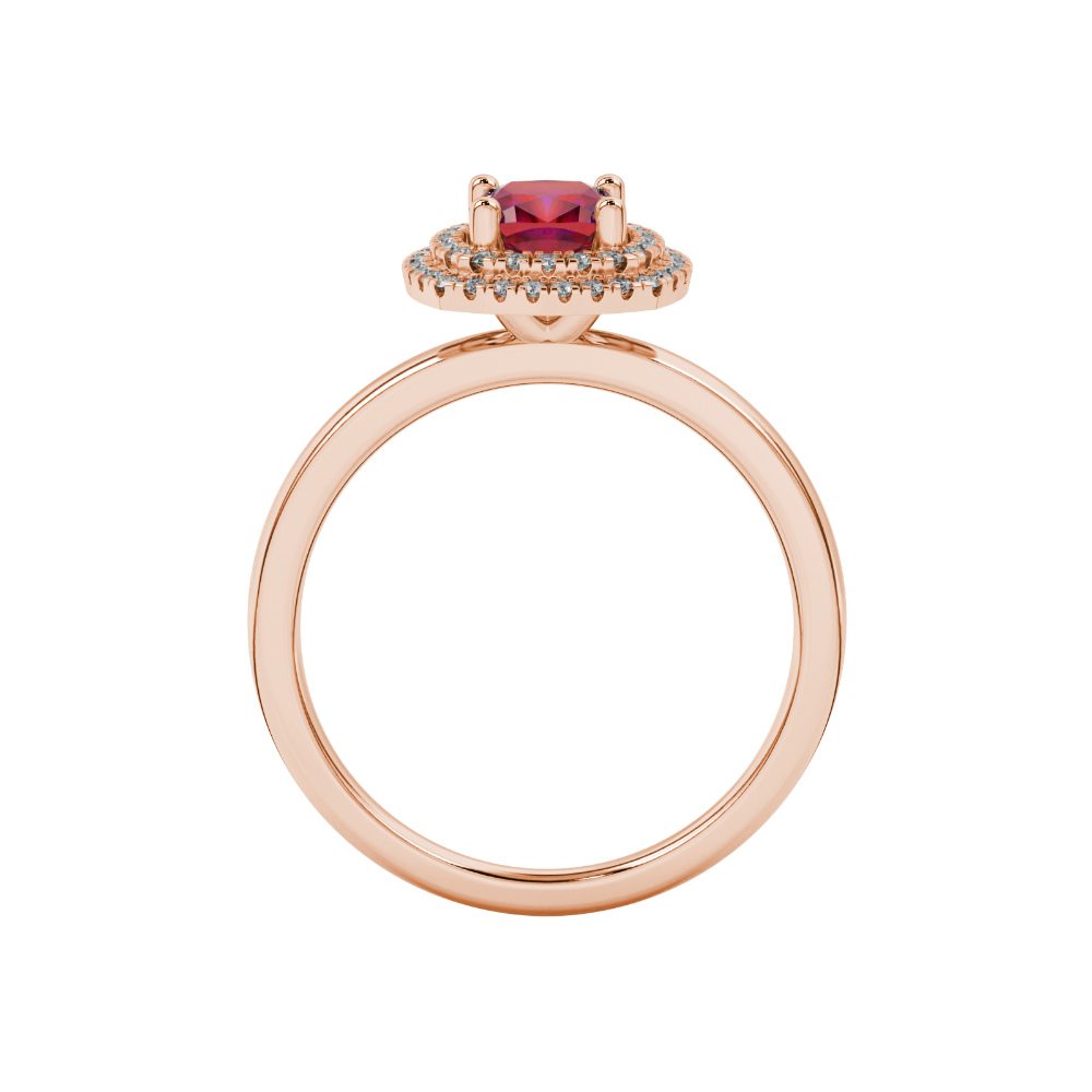 Red cushion cut gemstone double halo ring in rose gold