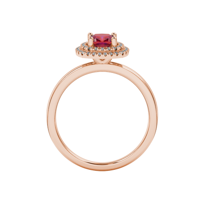 Red cushion cut gemstone double halo ring in rose gold