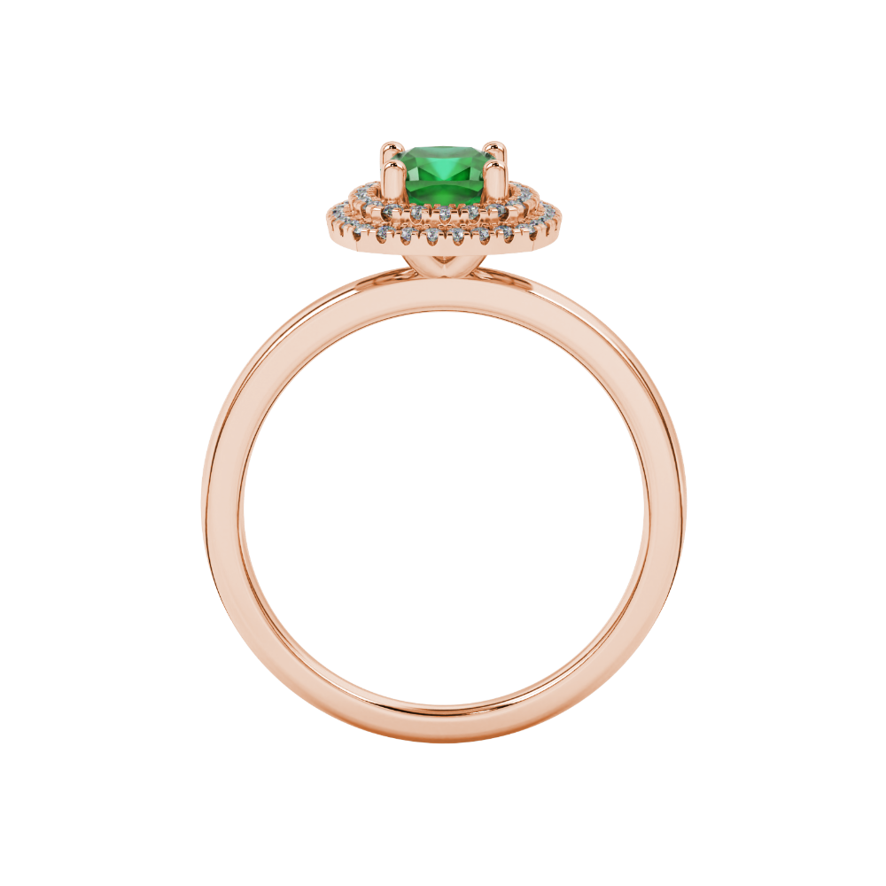 Green cushion cut gemstone double halo ring in rose gold