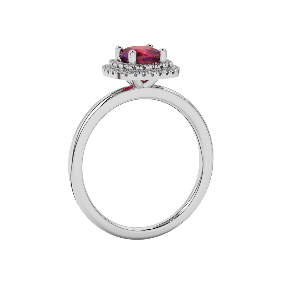 Red cushion cut gemstone double halo ring in rose gold