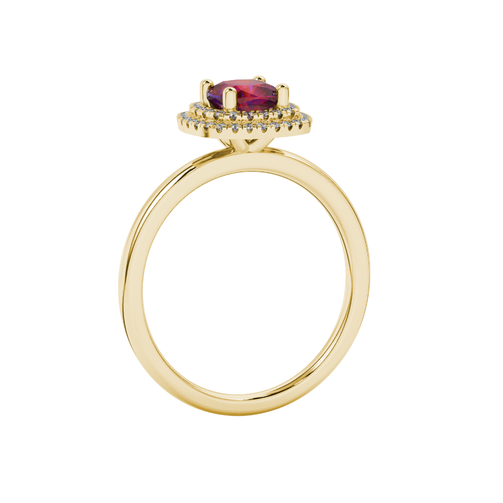 Red cushion cut gemstone double halo ring in rose gold