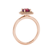 Red cushion cut gemstone double halo ring in rose gold