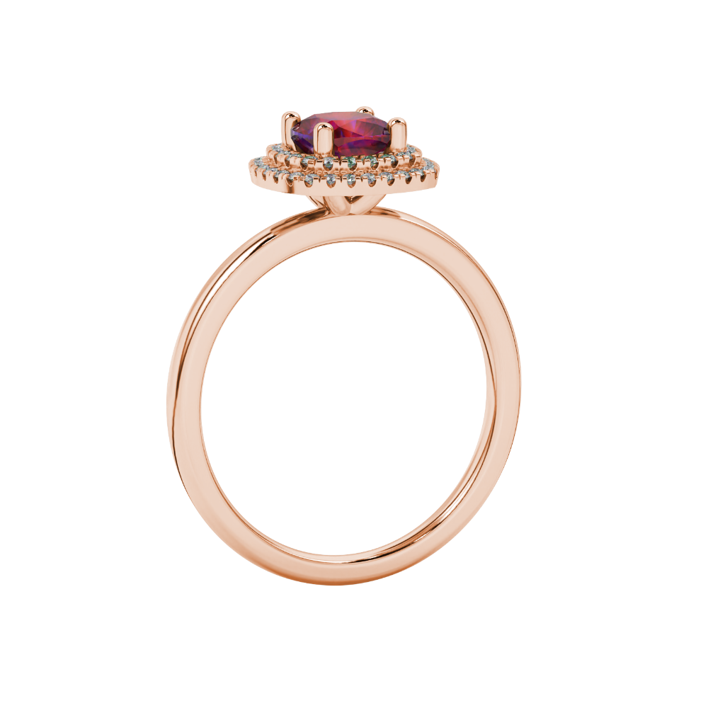 Red cushion cut gemstone double halo ring in rose gold