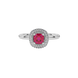 Red cushion cut gemstone double halo ring in rose gold