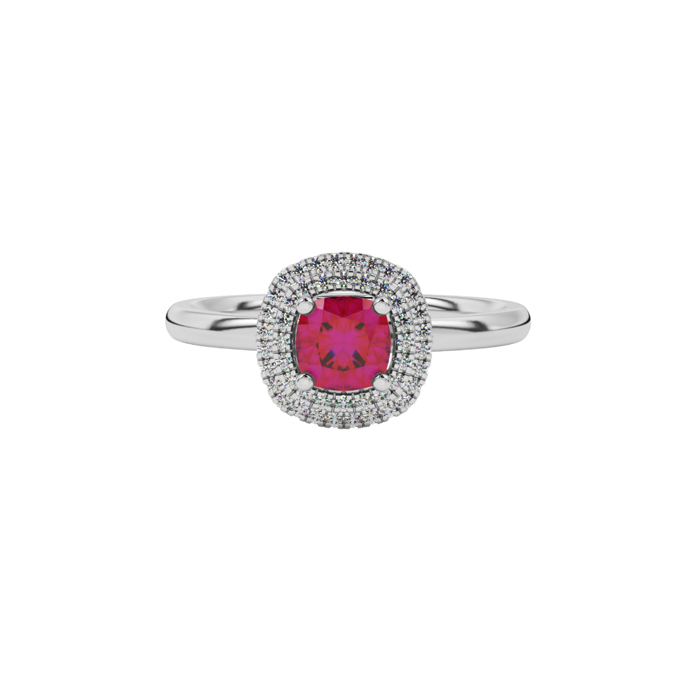 Red cushion cut gemstone double halo ring in rose gold