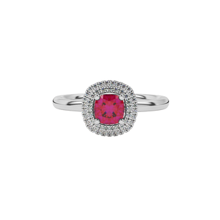 raspberry red gemstone double halo ring in white gold