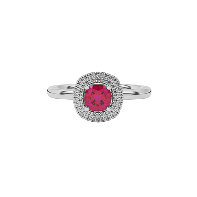 raspberry red gemstone double halo ring in white gold