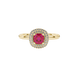 Red cushion cut gemstone double halo ring in rose gold