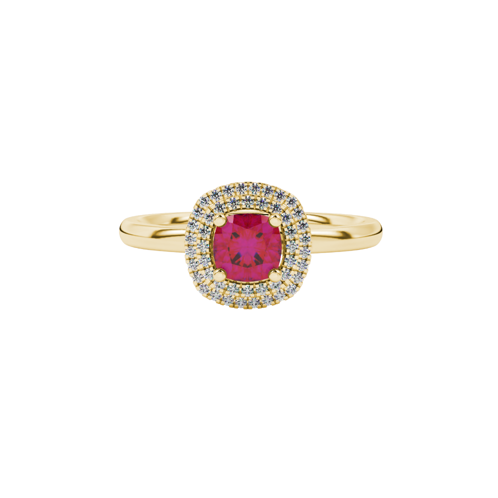 Red cushion cut gemstone double halo ring in rose gold