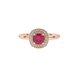 Red cushion cut gemstone double halo ring in rose gold