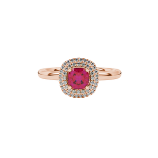 raspberry red gemstone double halo ring in rose gold