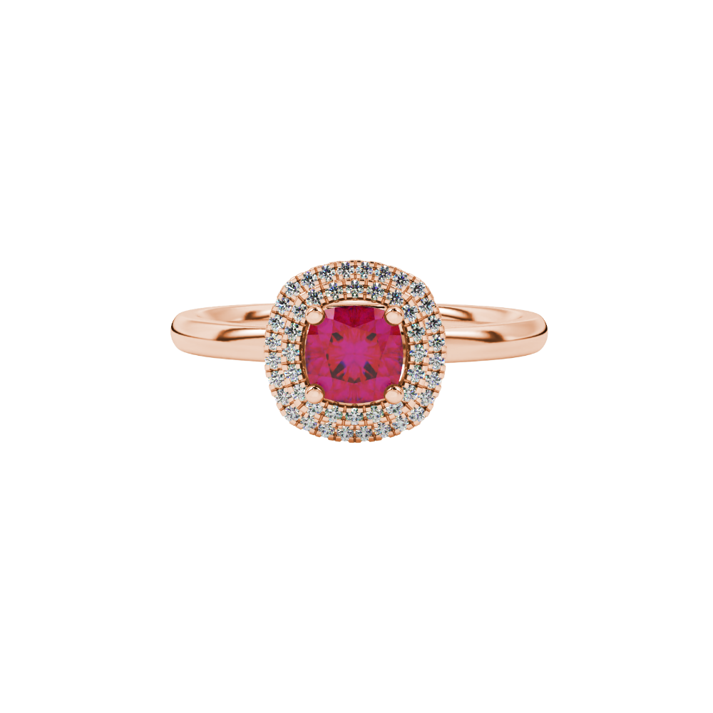 Red cushion cut gemstone double halo ring in rose gold