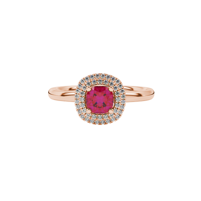 Red cushion cut gemstone double halo ring in rose gold