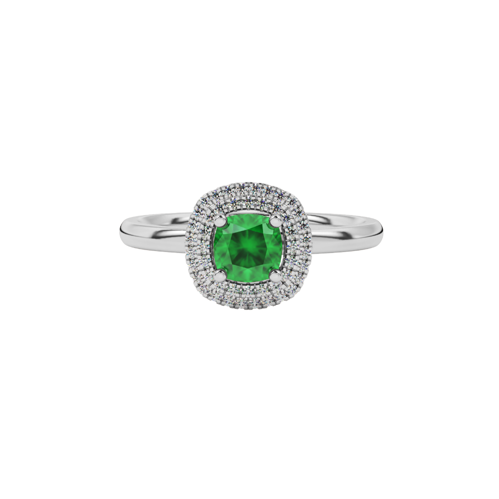 Green cushion cut gemstone double halo ring in rose gold