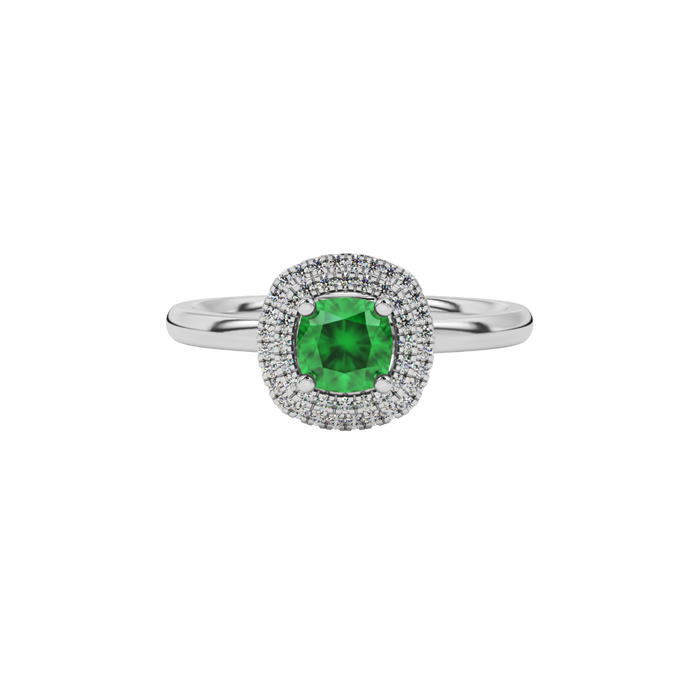 Green cushion cut gemstone double halo ring in rose gold