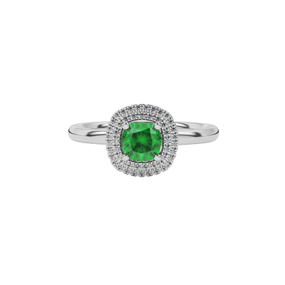 Green cushion cut gemstone double halo ring in rose gold