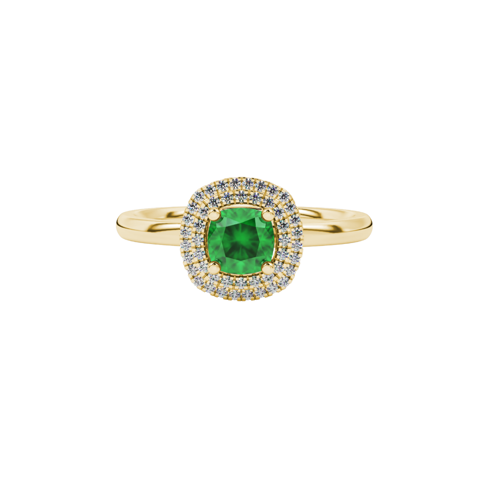 Green cushion cut gemstone double halo ring in rose gold