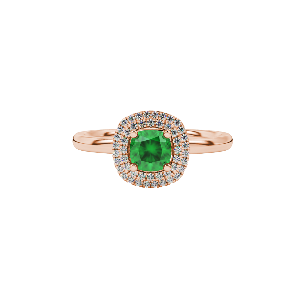 Green cushion cut gemstone double halo ring in rose gold