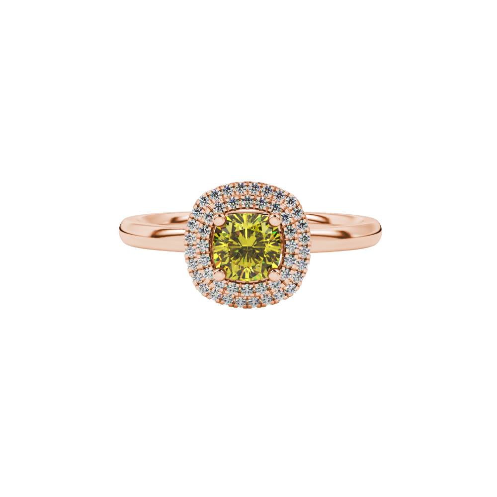 Yellow cushion cut gemstone double halo ring in rose gold