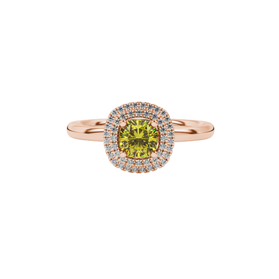 Yellow cushion cut gemstone double halo ring in rose gold