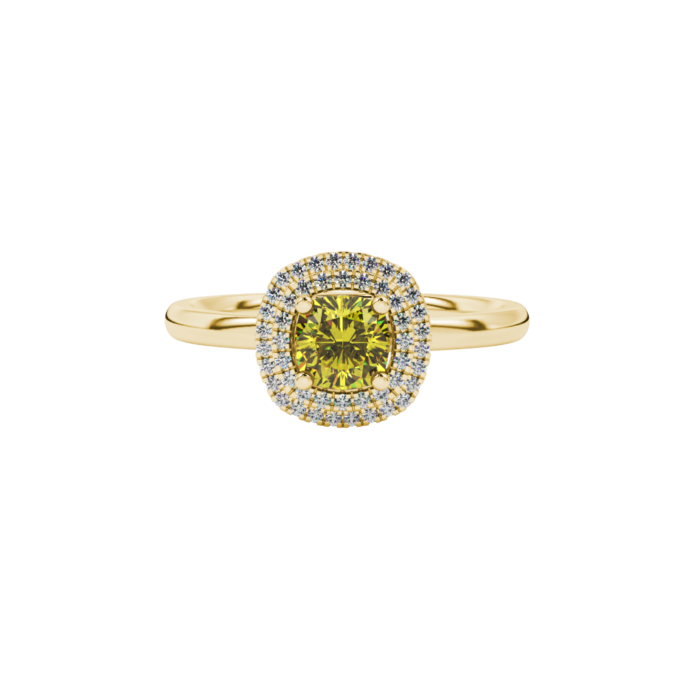 Yellow cushion cut gemstone double halo ring in rose gold