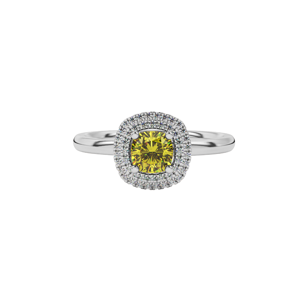 Yellow cushion cut gemstone double halo ring in rose gold