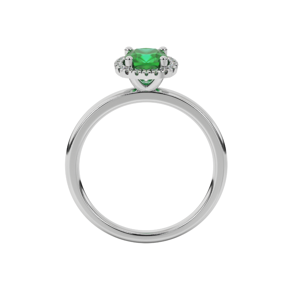 Green cushion cut gemstone halo ring with diamond accents in gold