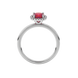 Red cushion cut gemstone halo ring with diamond accents in gold