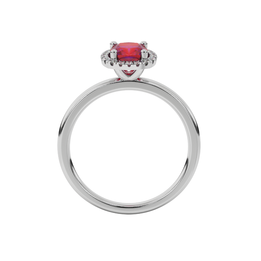Red cushion cut gemstone halo ring with diamond accents in gold