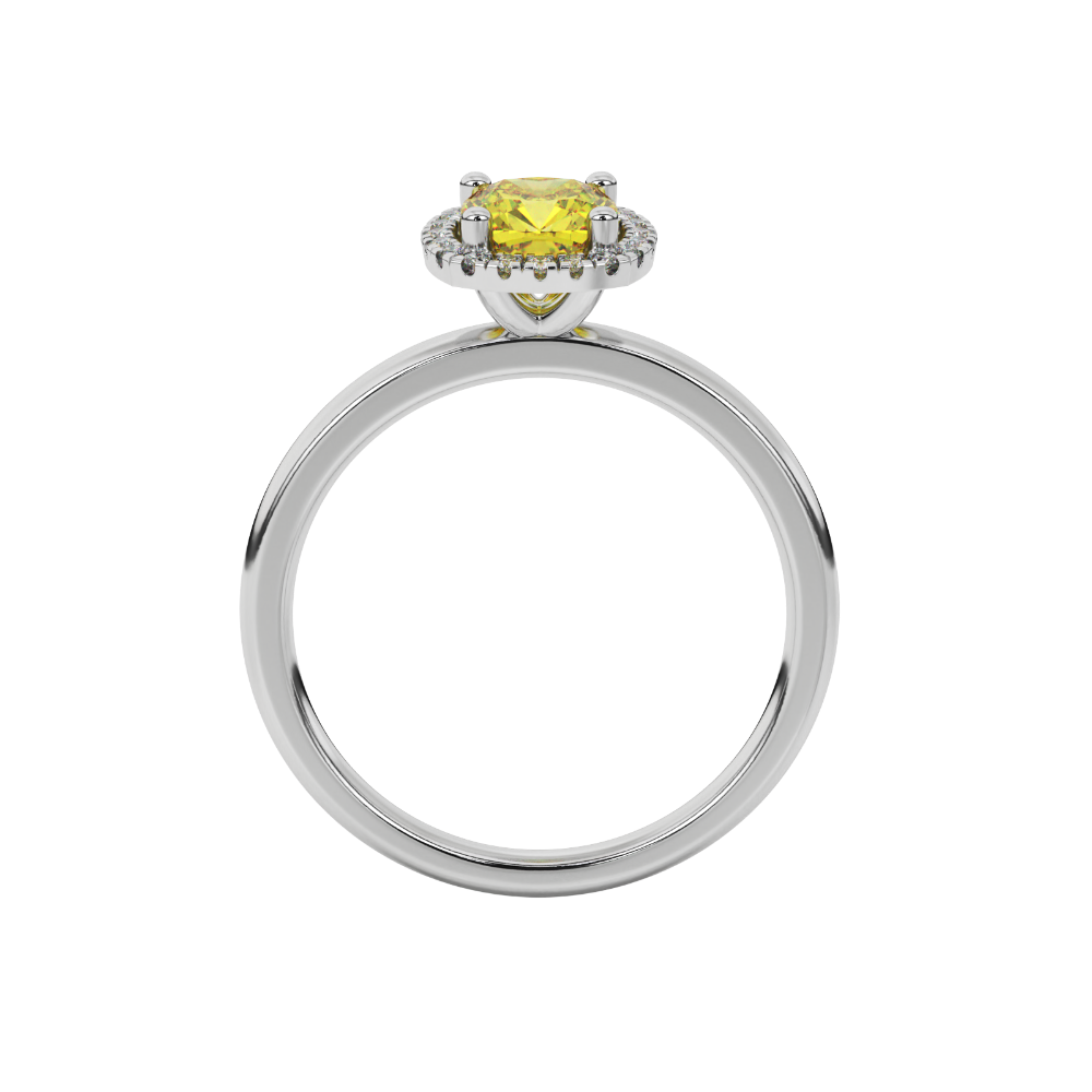 Yellow cushion cut gemstone halo ring with diamond accents in gold