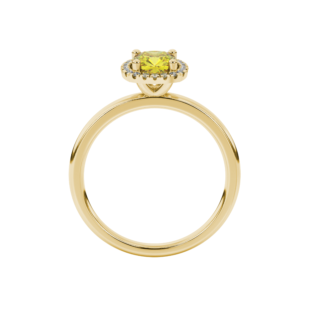 Yellow cushion cut gemstone halo ring with diamond accents in gold