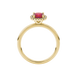 Red cushion cut gemstone halo ring with diamond accents in gold