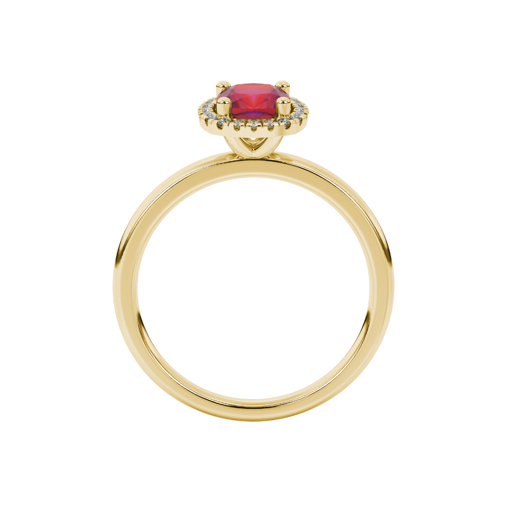 Red cushion cut gemstone halo ring with diamond accents in gold