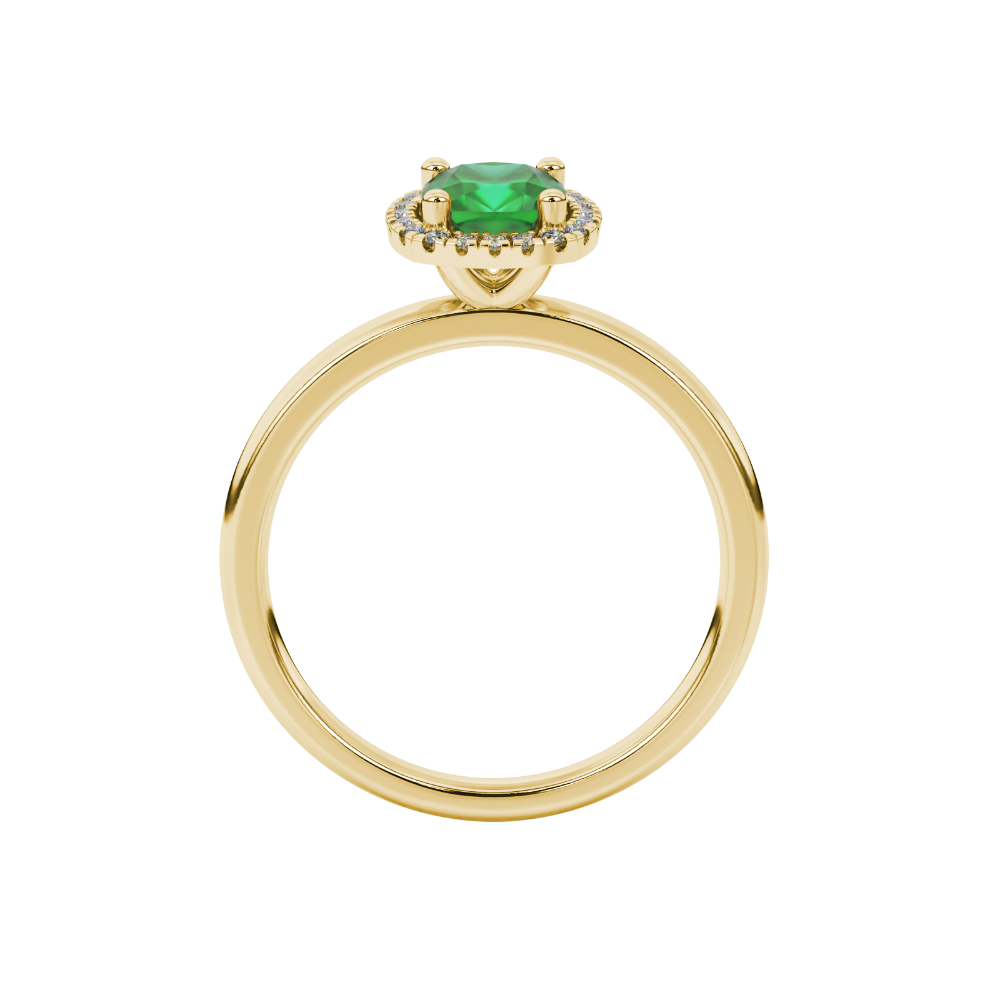Green cushion cut gemstone halo ring with diamond accents in gold