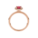 Red cushion cut gemstone halo ring with diamond accents in gold
