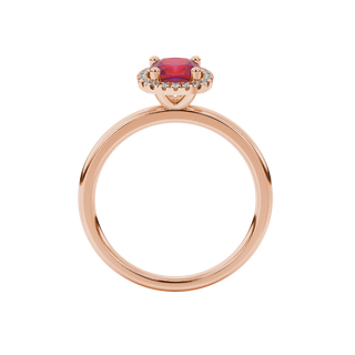 raspberry red gemstone halo ring in rose gold