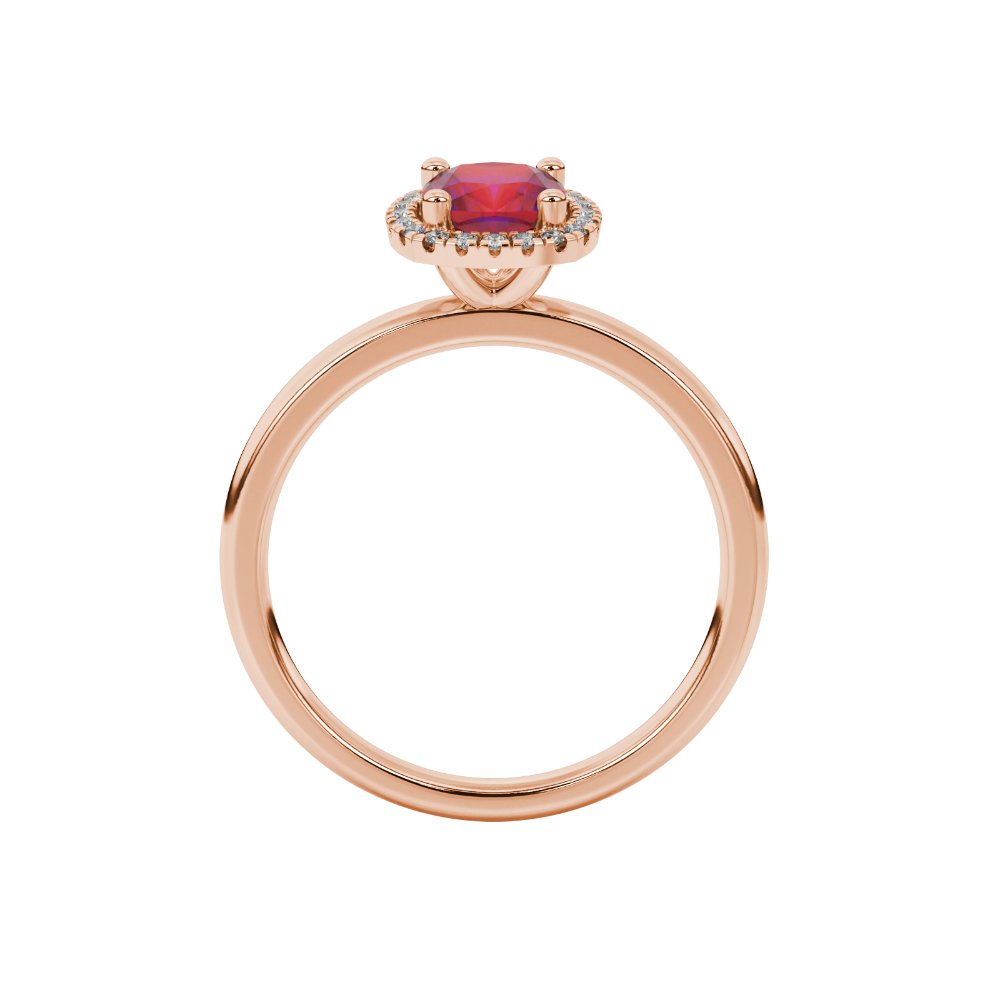 Red cushion cut gemstone halo ring with diamond accents in gold
