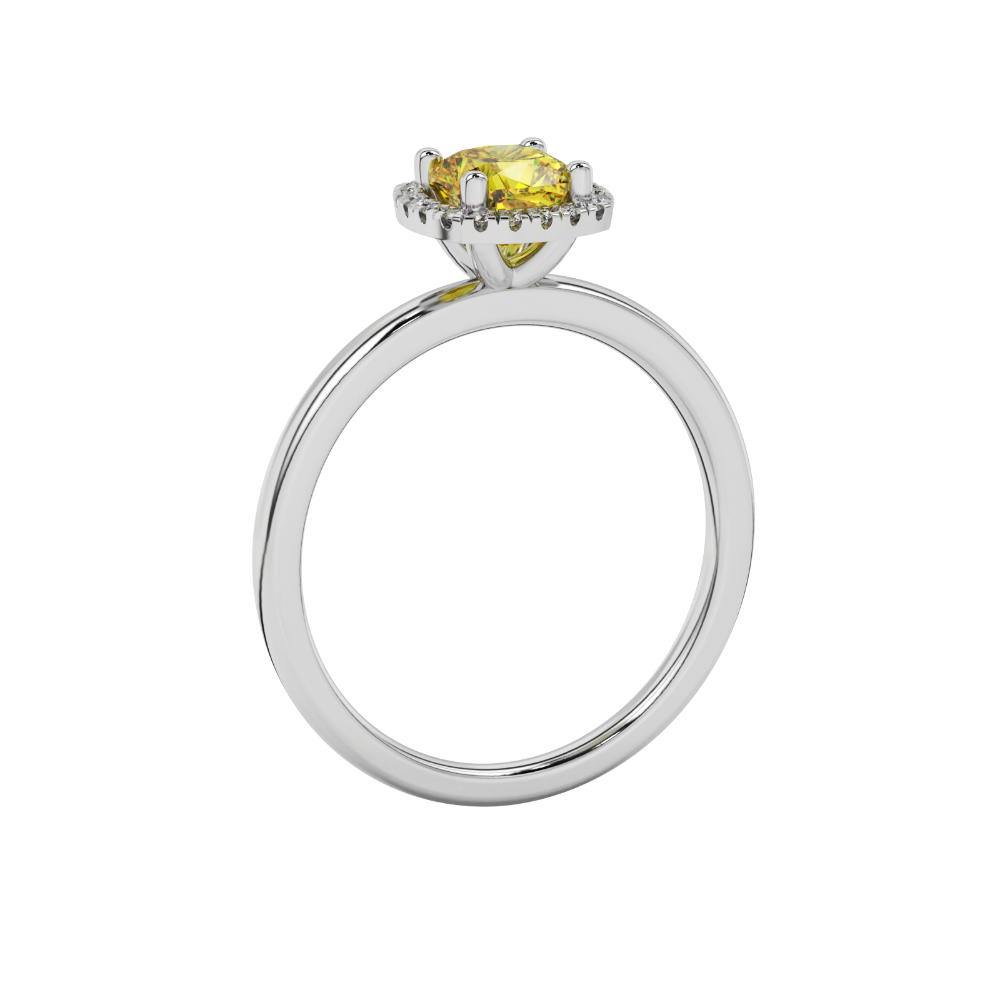 Yellow cushion cut gemstone halo ring with diamond accents in gold
