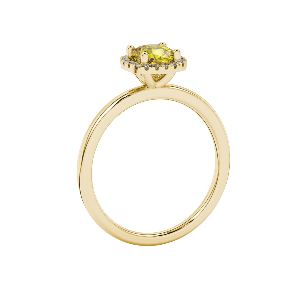 Yellow cushion cut gemstone halo ring with diamond accents in gold