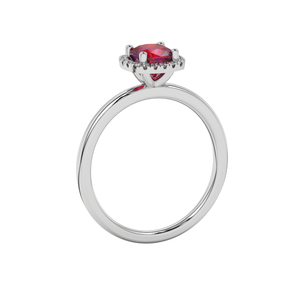 Red cushion cut gemstone halo ring with diamond accents in gold