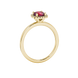 Red cushion cut gemstone halo ring with diamond accents in gold