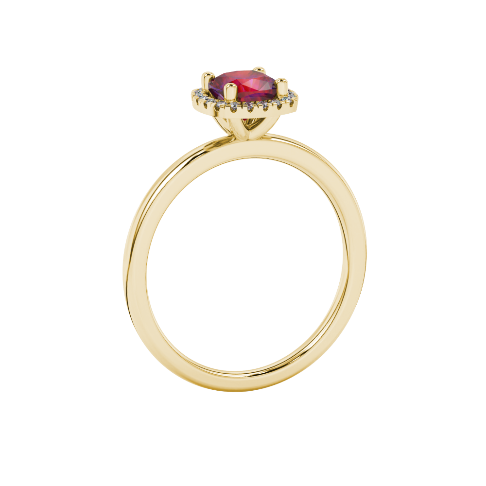 Red cushion cut gemstone halo ring with diamond accents in gold