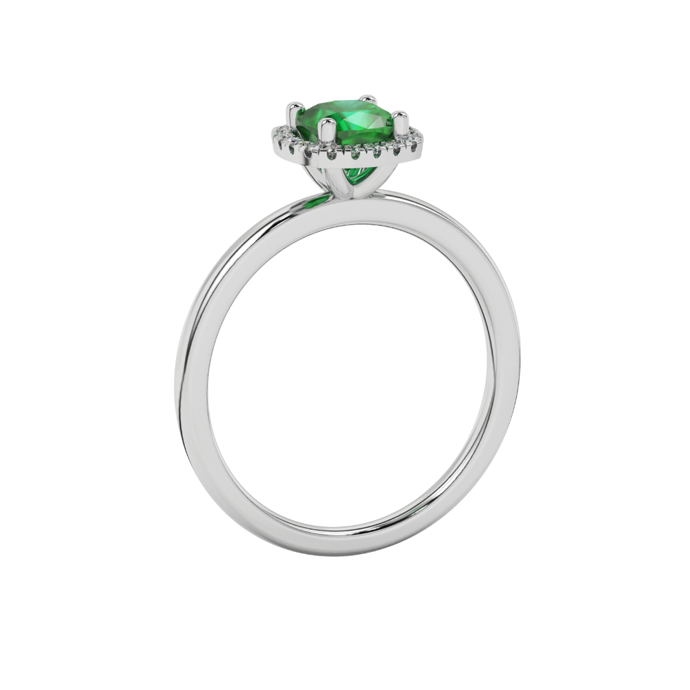 Green cushion cut gemstone halo ring with diamond accents in gold