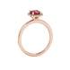 Red cushion cut gemstone halo ring with diamond accents in gold