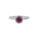 Red cushion cut gemstone halo ring with diamond accents in gold