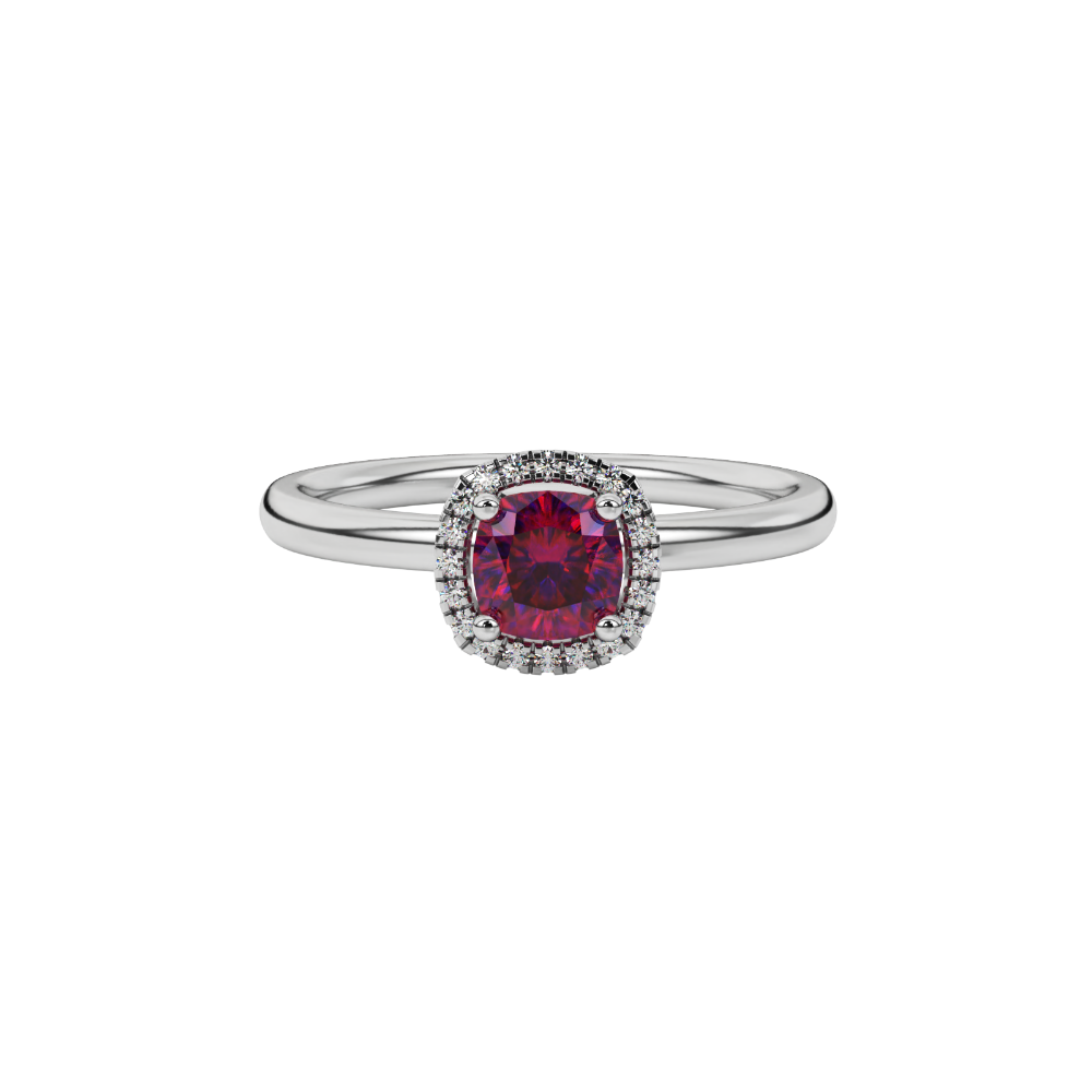 Red cushion cut gemstone halo ring with diamond accents in gold