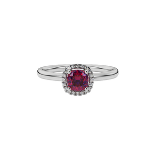 raspberry red gemstone halo ring in white gold
