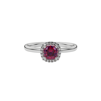 raspberry red gemstone halo ring in white gold